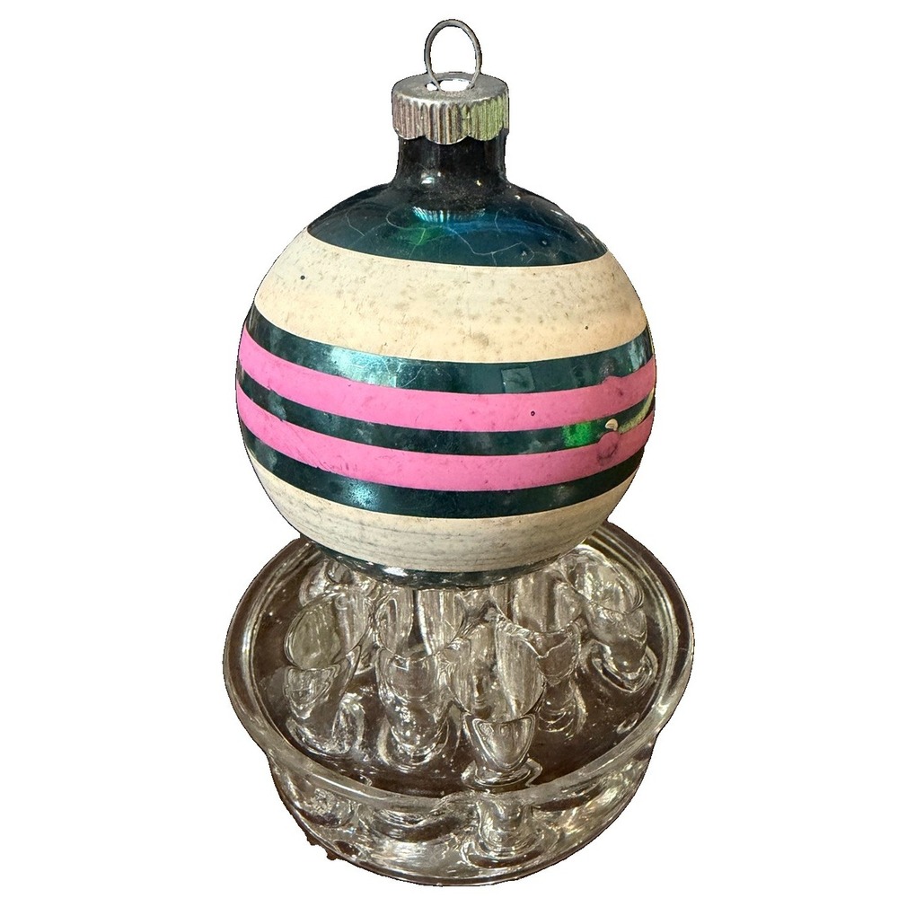 Vintage Shiny Brite 3" Glass Christmas Ornament Pink Teal White Striped USA MCM